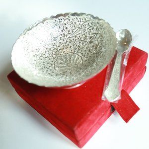 NWT Silver Metal peacock carved Bowl & Spoon